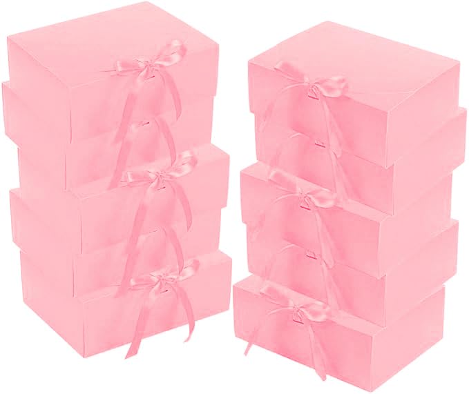10 Pack Gift Boxes with Ribbon 10x7.5x3.5 Inch - Cardstock Wedding Favor Boxes for Bridesmaid Proposals Birthday & Holiday Gift Packaging (Pink)