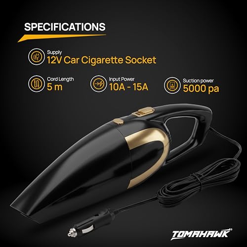 Image of Tomahawk Electric Car Vaccum Cleaner for Car & Wet Cleaning with Suction Power 5000pa | 4.5 Meter Power Cord Cable -12V DC Supply | 120 W Rated Power | 150ml Dust Cup Capacity (Electric)