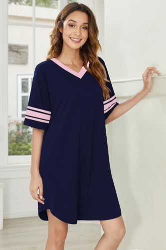 Image of Ekouaer Nightgowns for Women 2 Pack Sleepshirts Short Sleeve Nightshirt V Neck Sleepwear Casual Pajama Dress