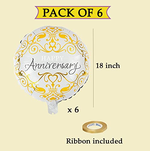 Image of AMFIN (Pack of 6) Happy Anniversary Round Foil Balloons for Wedding, Anniversary, Party Decoration /Anniversary Decorations Items Combo for Home Balloon - White & Golden