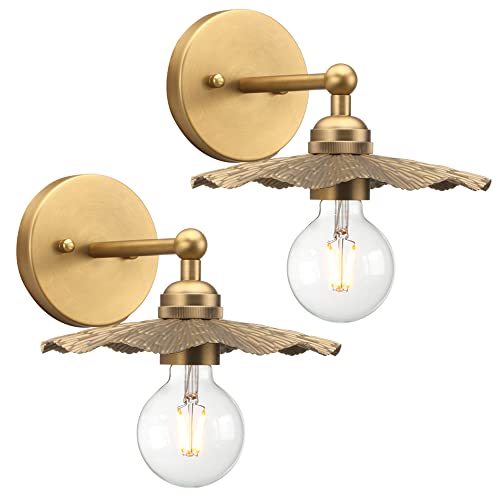 CeilSong Set of 2 Industrial Vintage Modern Wall Sconce Light Antique Brass Up Down Wall Light Fixture Metal Rippled LampShade Wall Mounted Sconce