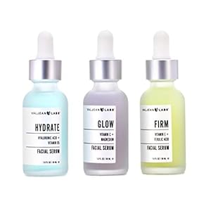 Valjean Labs Facial Serum, Combo Pack of Hydrate, Glow, and Firm | Supercharged, Targeted Skincare Ingredients | Paraben Free, Cruelty Free, Made in USA (1oz Bottles)