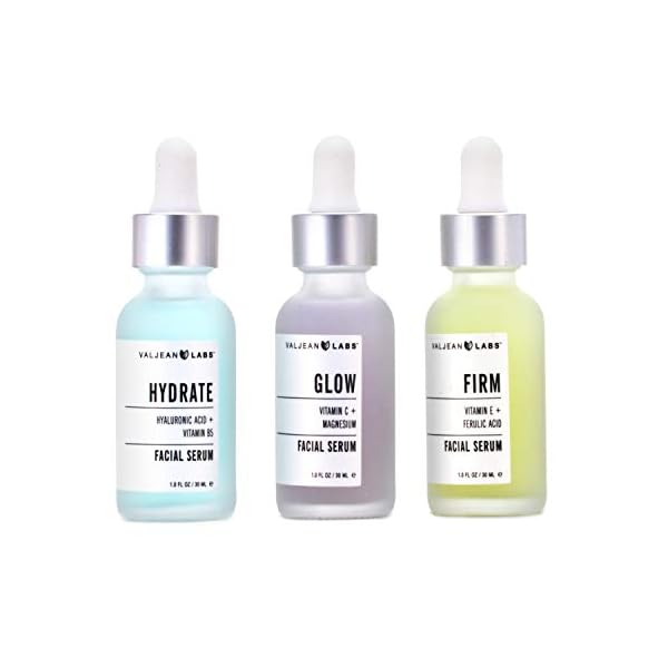 Valjean Labs Facial Serum, Combo Pack of Hydrate, Glow, and Firm | Supercharged, Targeted Skincare Ingredients | Paraben Free, Cruelty Free, Made in USA (1oz Bottles)