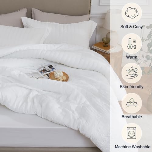 White Queen Comforter Set - 3 Pieces Seersucker Lightweight Bedding Comforter Sets (1 Soft Fluffy Comforter & 2 Pillowcases) - All Seasons Cozy Modern Bed Sets - Image 5
