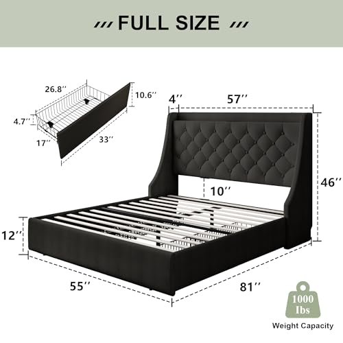 Image of Feonase Upholstered Full Size Bed Frame with 4 Storage Drawers, Large Wingback Storage Headboard, No Box Spring Needed, Black