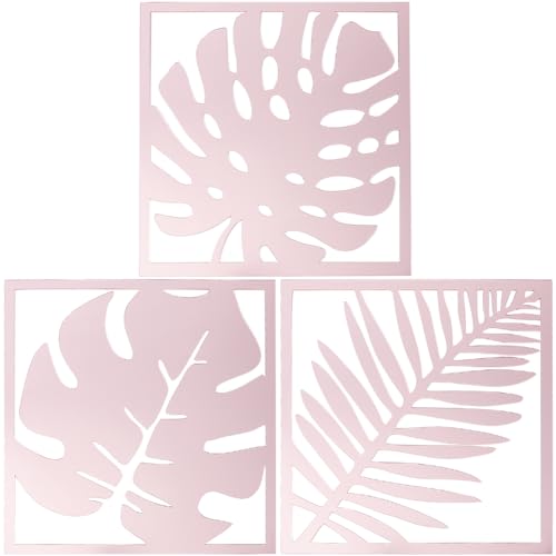 CREATCABIN 3Pcs Leaf Mirror Wall Stickers Square Mirror Art Decals Acrylic Wall Mirror Decor Mural Sticker Set Detachable for DIY Home Living Room Bedroom Wall Decoration 7.4 x 7.8Inch Pink