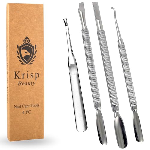 Cuticle Pusher Tools – Professional Nail Cuticle Pusher Cuticle Remover Cuticle Trimmer Ingrown Toenail Lifter Nail Cleaner Dual Sided Stainless Steel Manicure Pedicure Women 4 Pack Set Krisp Beauty