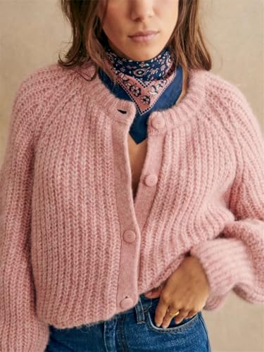 Image of KEOMUD Women's Long Sleeve Cardigan Sweaters Spring Casual Crewneck Button Down Chunky Knit Cardigans