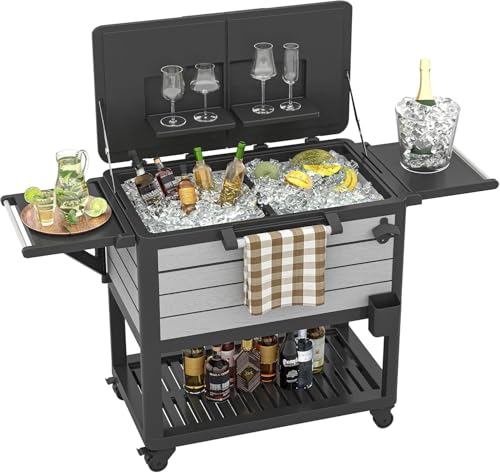 Patio Cooler with Wheels, 104 Qt Portable Rolling Ice Chest, Outdoor Beverage Bar Cart with Handles for Pool, Deck, BBQ, Cookouts Party-Grey