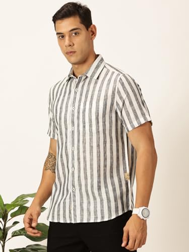 Image of Thomas Scott Men's | Stripes | Half Sleeve | Slim Fit | Linen Blend | Spread Collar | Casual Shirt