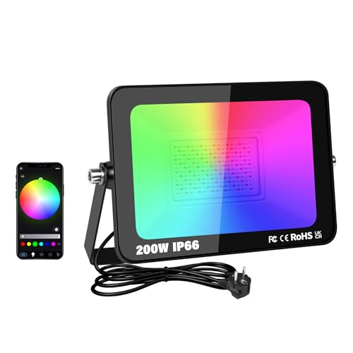 RIGIDON 1X 200W Foco Led RGB Exterior/Interior, 20000LM APP Control Remoto Proyector Led, Minutero Multicolor RGBW Regulable Luz de pared Para Jardín,Fiestas, Terraza, IP66 Impermeable Floodlight