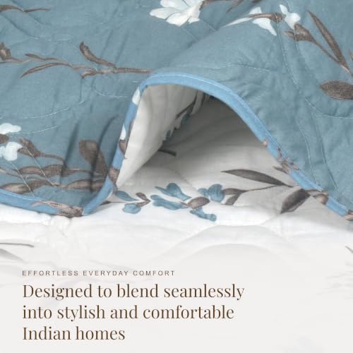 Image of HUESLAND Reversible AC Quilt Blanket Single Bed | 100% Cotton Quilted Shell, Super Soft 120 GSM Microfibre Wadding | Lightweight Comforter for All Weather Use | Floral - 55 x 88 inches