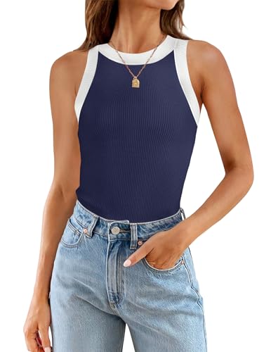 ZESICA Womens Summer Sleeveless Tank Tops Ribbed High Neck Racerback Slim Fitted Color Block Casual Shirts