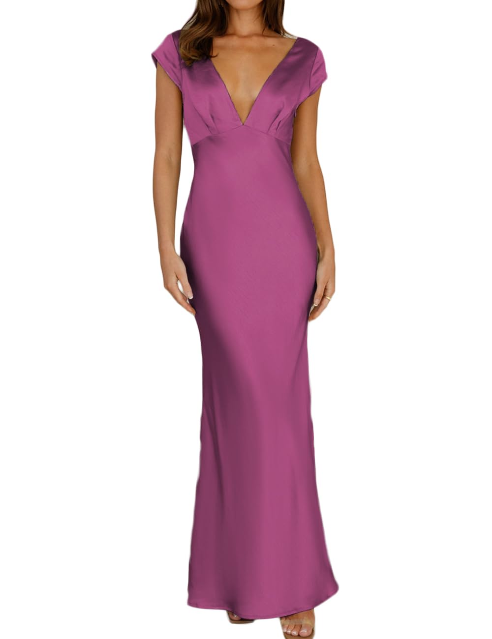 Satin V Neck Maxi Dress Halfisland Women's Satin V-Neck Cap Sleeve Backless Midi Dress – Elegant Twist Cut-Out Cocktail Dress For Weddings, Date Nights & Formal Events