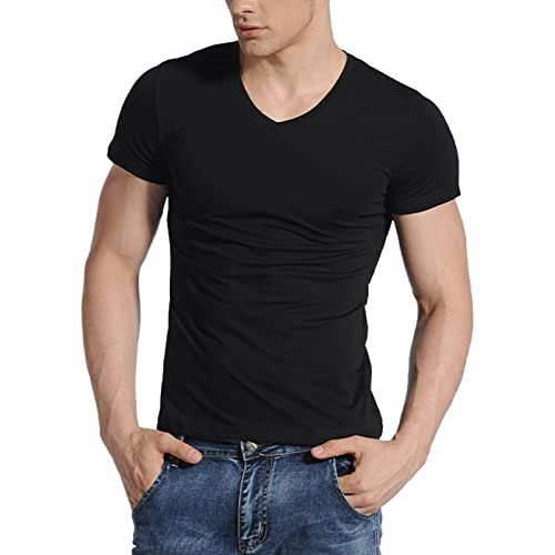 Mens Premium Schweißfestes T-Shirt mit tiefem V-Ausschnitt, absorbiert und verdunstet Schweiß, schmutzabweisend, geruchshemmend, 100% atmungsaktiv (XL, Schwarz) Cover