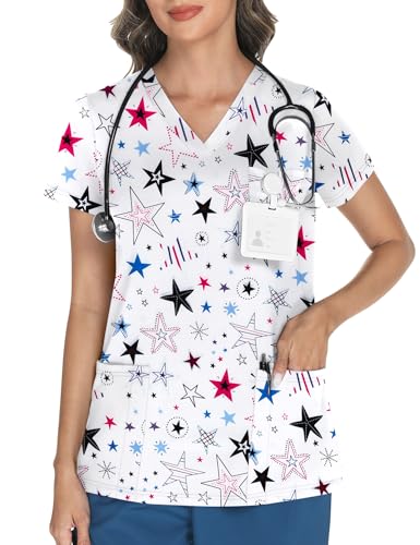 LOMON Patriotic Scrubs for Women V Neck USA Stars...