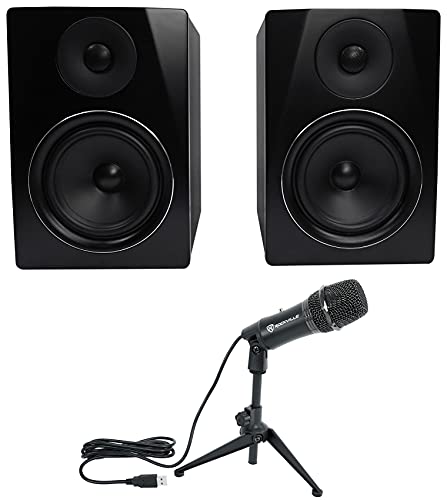 Rockville APM6B Bundle: 6.5 in 2-Way 350-Watt Peak/175-Watt RMS Active Studio Monitor Speakers Pair, Z-Stream USB Condenser Computer Microphone for Home Recording and Podcasting, 3-Items