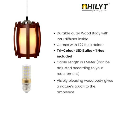 Image of HILYT - Wooden Fancy Hanging Light | with LED Bulb | Brown Pendant Lamp Ceiling Jhumar for Living Room Bedroom Dining Balcony Home Decor Lighting