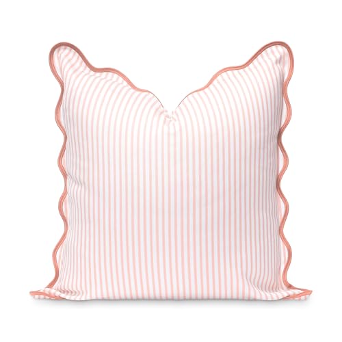 Image of Hofdeco Premium Coastal Patio Indoor Outdoor Scalloped Throw Pillow Cover Only, 20"x20" Water Repellent for Backyard, Couch, Blush Pink Print Stripes