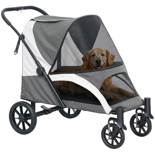 PawHut Hundewagen Hundebuggy klappbar für große Hunde & Katzen bis 30 kg Katzenbuggy mit Kissen Netzfenstern Türen Aufbewahrungstasche Katzenwagen Buggy Dunkelgrau