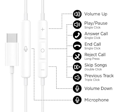 Image of Original USB C Headphones Wired Type-C Earbuds Only for iPhone 15 /15 Plus / 15 Pro / 15 Pro Max Wired Earphones Noise Isolation Deep Bass Stereo Sound Headset with Mic Headphones for iPad