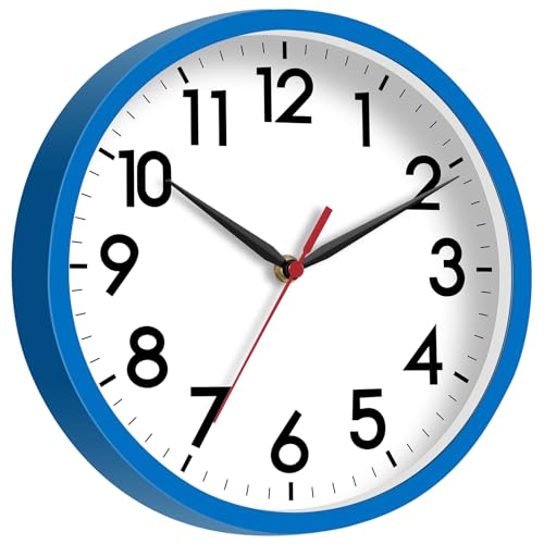 Image of AKCISOT Wall Clock 8 Inch Silent Non-Ticking Modern Clocks Battery Operated - Analog Small Classic for Office, Home, Bathroom, Kitchen, Bedroom, School(Blue)