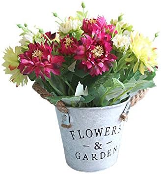Riverbyland Artificial Flowers Daisy Plants Arrangement with Iron Flowerpot Rose Red