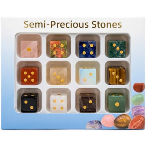 12PCS a Set Natural Crystal Gemstone Dice Set, Multi-Color Semi-Precious Stone Gaming Dice with Gold Pips Home Decor