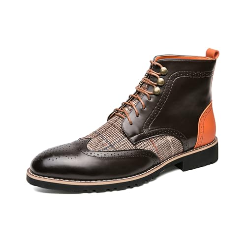 Mens Chukka Boots Pointed Toe Brogue Patchwork Ankle Boots Lace Up Casual PU Leather Shoes for Men