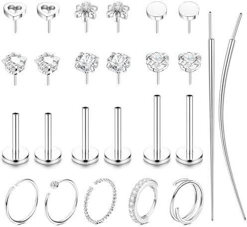 Threadless Gold Nose Rings Studs For Women Men Surgical Steel CZ Nose Rings Hoops Flat Back Cartilage Stud Earrings Push in Helix Tragus Nose Piercing Jewelry 20G 18G