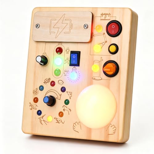 Image of Montessori Busy Board for Toddlers 1-3 Years Old, Wooden Sensory Board with LED Lights, Interactive Activity Toy with Switches, Travel Toy Gift for Boys Girls