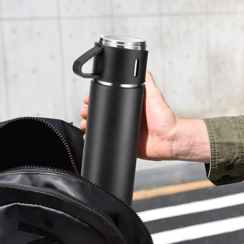 Image of 500ml Double-Wall Vacuum Insulated Flask Set with 2 Cups, Black