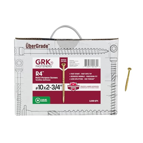 GRK Fasteners R4™ #10 x 2-3/4 Inch, Multi-Purpose Framing Screws, 2000 PCS, Rust Resistant Climatek™ Coating, Outdoor Fencing and Deck Screws, Fast Bite Tip, Star Drive Recess, Gold