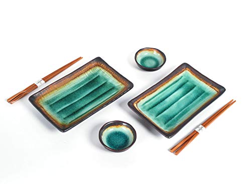 Hinomaru Collection 6 Piece Sushi Dinner Set Rectangular Sushi Plate Sauce Dish And Chopsticks Sushi Dinner Set For Two (Turquoise) #TOP14