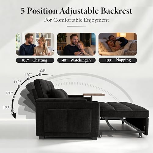 Image of Dreamzie 65'' Convertible Sleeper Sofa Bed with 90 Swivel Side Table, Chenille Pull Out Couch for Living Room, Loveseat Sleeper with Hidden Storage Space | Charging Port | Cup Holders, Black
