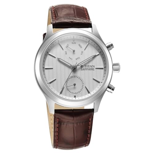 Image of Titan Sapphire Quartz Multifunction White Dial Brown Leather Strap Watch for Men - NT1874SL03