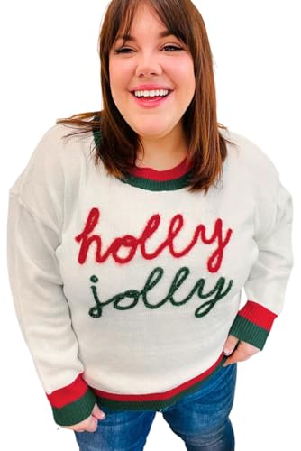 Women's Plus Size White Tinsel Holly Jolly Colorblock Edge Drop Shoulder Sweater