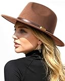 FURTALK Fedora Hats for Men Women Wide Brim Felt Panama Dress Hat with Belt Buckle Adjustable Size 7-7 3/8, Brown