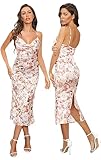 Women's Sleeveless Spaghetti Strap Satin Wedding Guest Party Dress Cocktail Evening Cowl Neck Backless Midi Formal Dresses… (XS, Beige Floral)