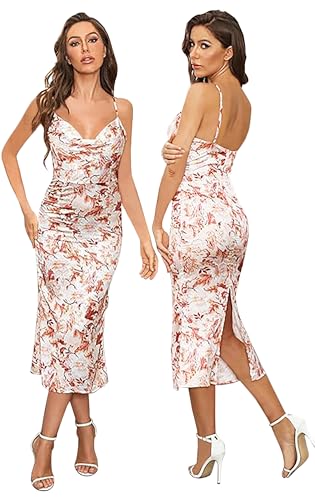 Women's Sleeveless Spaghetti Strap Satin Wedding Guest Party Dress Cocktail Evening Cowl Neck Backless Midi Formal Dresses… (XS, Beige Floral)