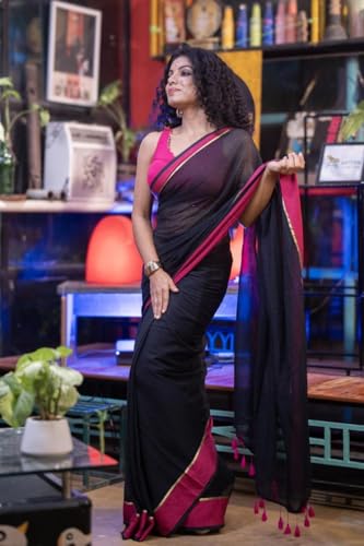 Image of Sudip callection Handloom Mul Cotton Saree for Women - Bottle Green with Pink Border Golden Zari Line & Tassel Pallu