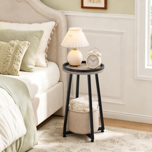 Image of HOOBRO Small Round Side Table, 2-Tier Round Sofa End Table, Compact Nightstand with Cotton Linen Storage Basket, for Small Space, Living Room, Bedroom, Dorm, Greige BG183BZ01