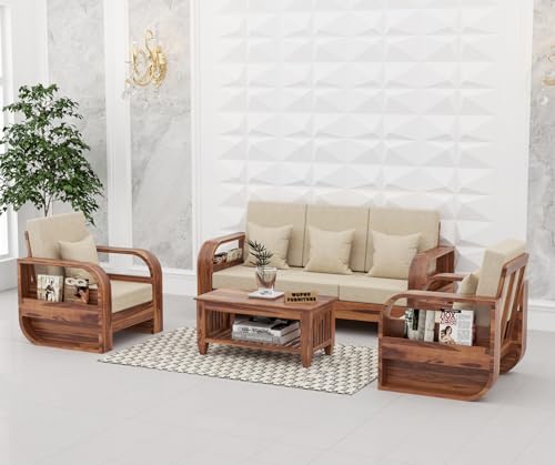 Image of Sheesham Wooden 5 Seater Sofa Set for Living Room | Solid Wood Sofa | Rosewood Sofa Set for Home & Office | Lounge (Honey,Beige,3+1+1 Seater)