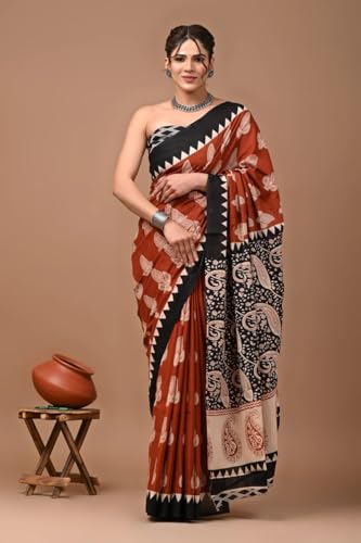 Image of Crafts Moda Hand Block Ajrakh Print Cotton Saree for women with Blouse | Soft comfortable wear sari