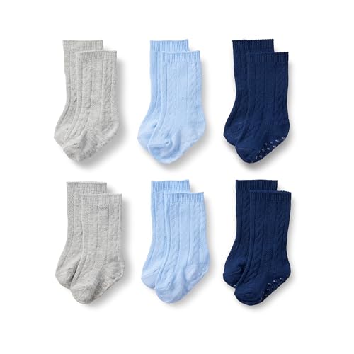 Amazon Essentials x Sofia Grainge Unisex Babies' Cable Knit Knee-High Socks, 6 Pairs, Heather Grey/Light Blue/Navy, 0-6 Months