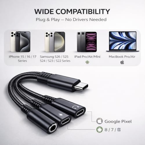 Image of Mizi USB-C Headphone and Charging Adapter 3-in-1 - Type-C to 3.5mm Audio Jack + USB-C PD Charging + Type-C Audio Splitter, Compatible with iPhone, iPad, Samsung Galaxy, Pixel, and More - Black