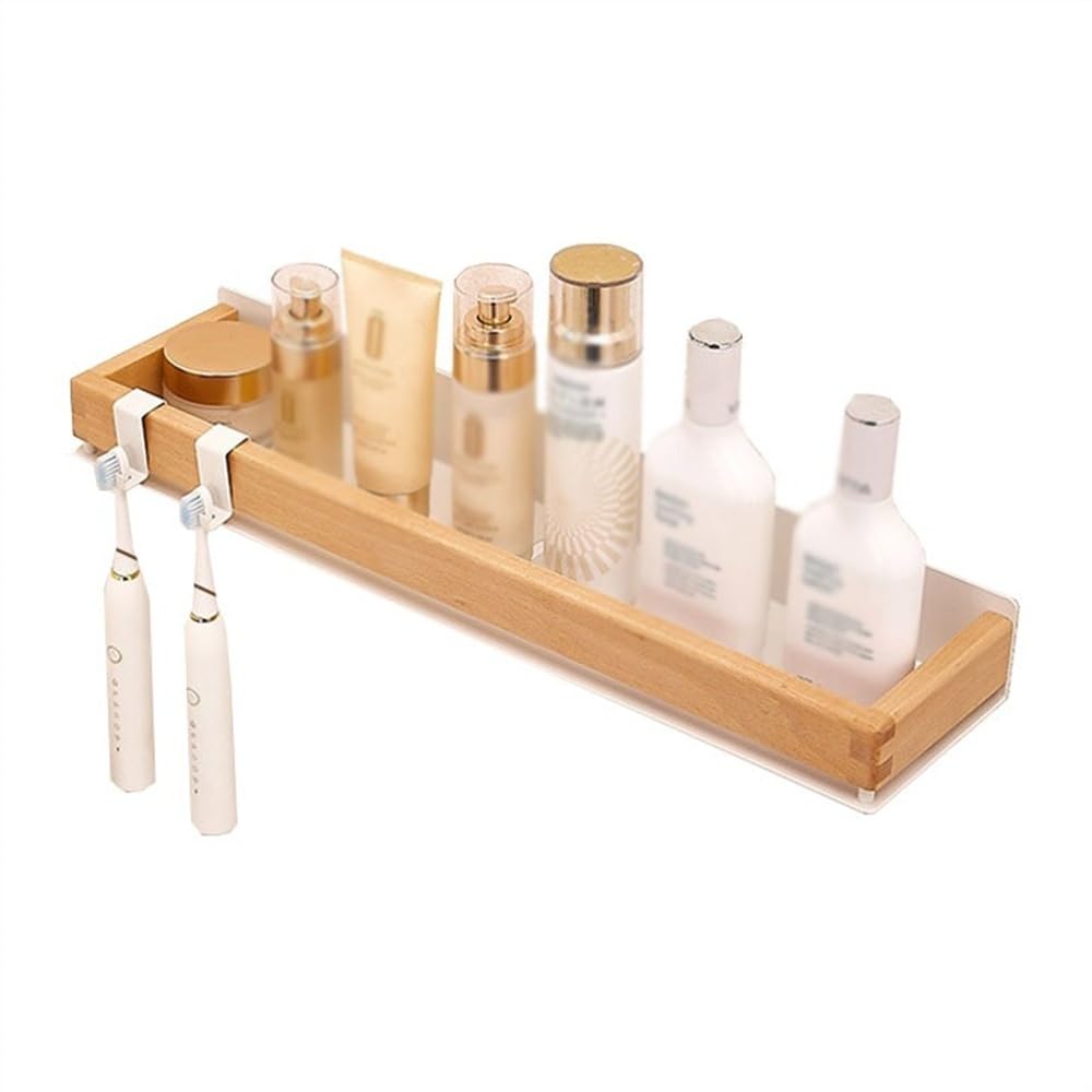 ZwXy2V bathroom shelf Shower Caddy Wall Mounted Rectangular Organizer with Wood Guardrail and Toothbrush Holder Shower Caddies Natural