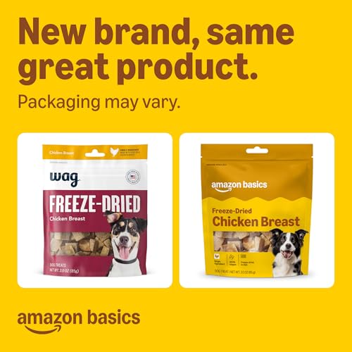 Amazon Brand - WAG Dog Treats Freeze Dried Raw Single Ingredient Chicken Breast, High Protein, Healthy Training Treats or Meal Topper for all Dogs, Grain-Free, 3 Oz (Pack of 1)