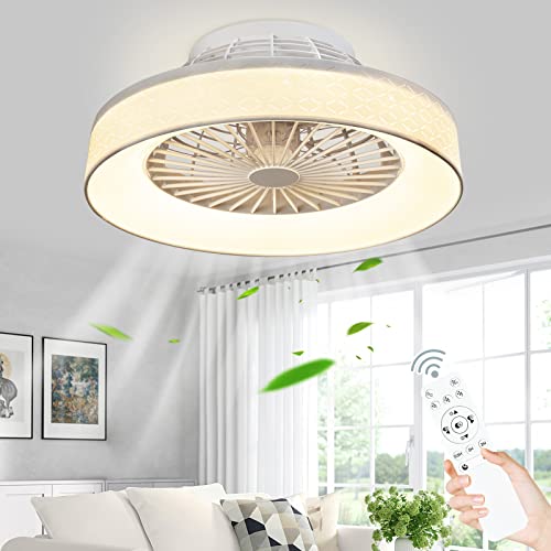 DIGLED Bladeless Ceiling Fan with Light and Remote, Low Profile Ceiling Fan - 18.5 Inch, 3 Colors Dimmable LED 3 Speeds 5 Blades Enclosed Ceiling Fans with Light for Living Room Bedroom