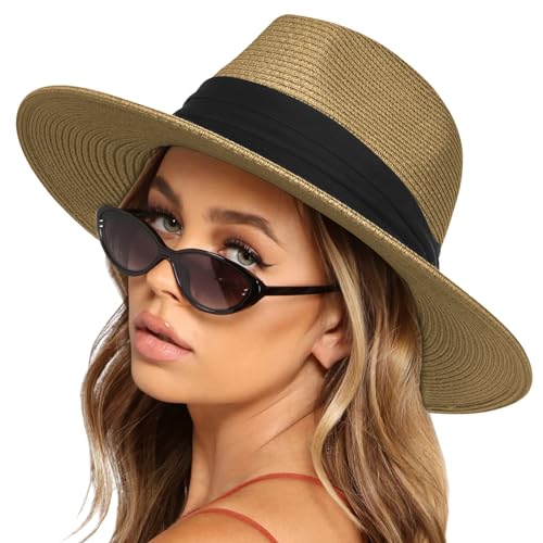 Women's Wide-Brimmed Straw Hat Panama Roll up Hat Summer Beach Sun Shade Cap UPF Lightweight Breathable Caps4